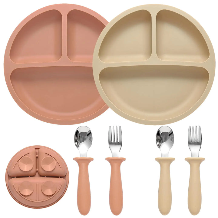 Eascrozn Silicone Baby Feeding Set – 2 Pack Divided Suction Plates, 2 Pack Spoons & Forks, BPA-Free Toddler Utensils & Feeding Essentials.