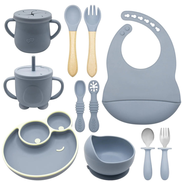 11-Piece Silicone Baby Feeding Set – Suction Bowl, Divided Plate, Toddler Cup, Spoons, Forks & Snack Container (6+ Months, Grey)