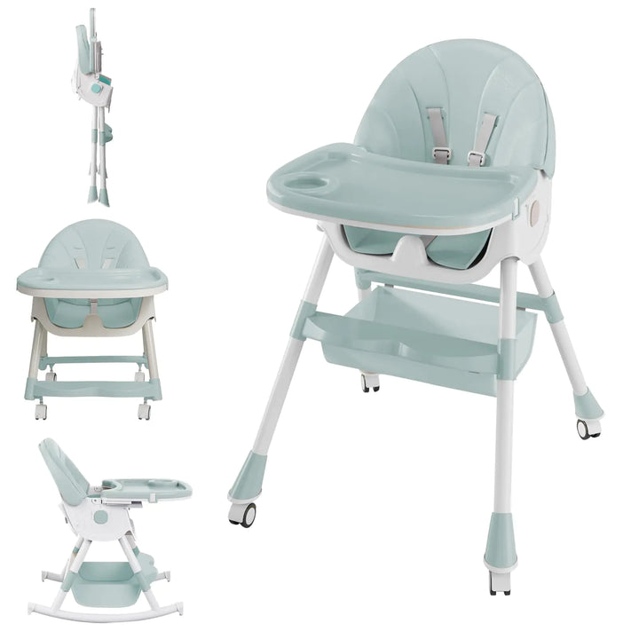 Foldable Baby High Chair with Adjustable Backrest, Double Tray & Wheels – 50kg Capacity (Green)