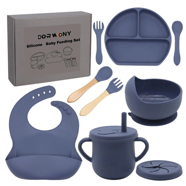 Dormlony 100% Silicone Baby Feeding Set – BPA-Free with Suction Bowl, Divided Plate, Spoons, Forks, Sippy Cup, and Bib. Perfect for Toddler Self-Feeding (Navy Blue).