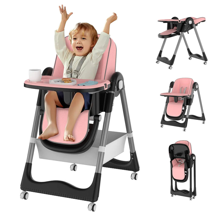 3-in-1 Portable Foldable High Chair for Babies & Toddlers – 8 Height Adjustments, 2 Dinner Plates, Wheels & Storage Bag for Travel